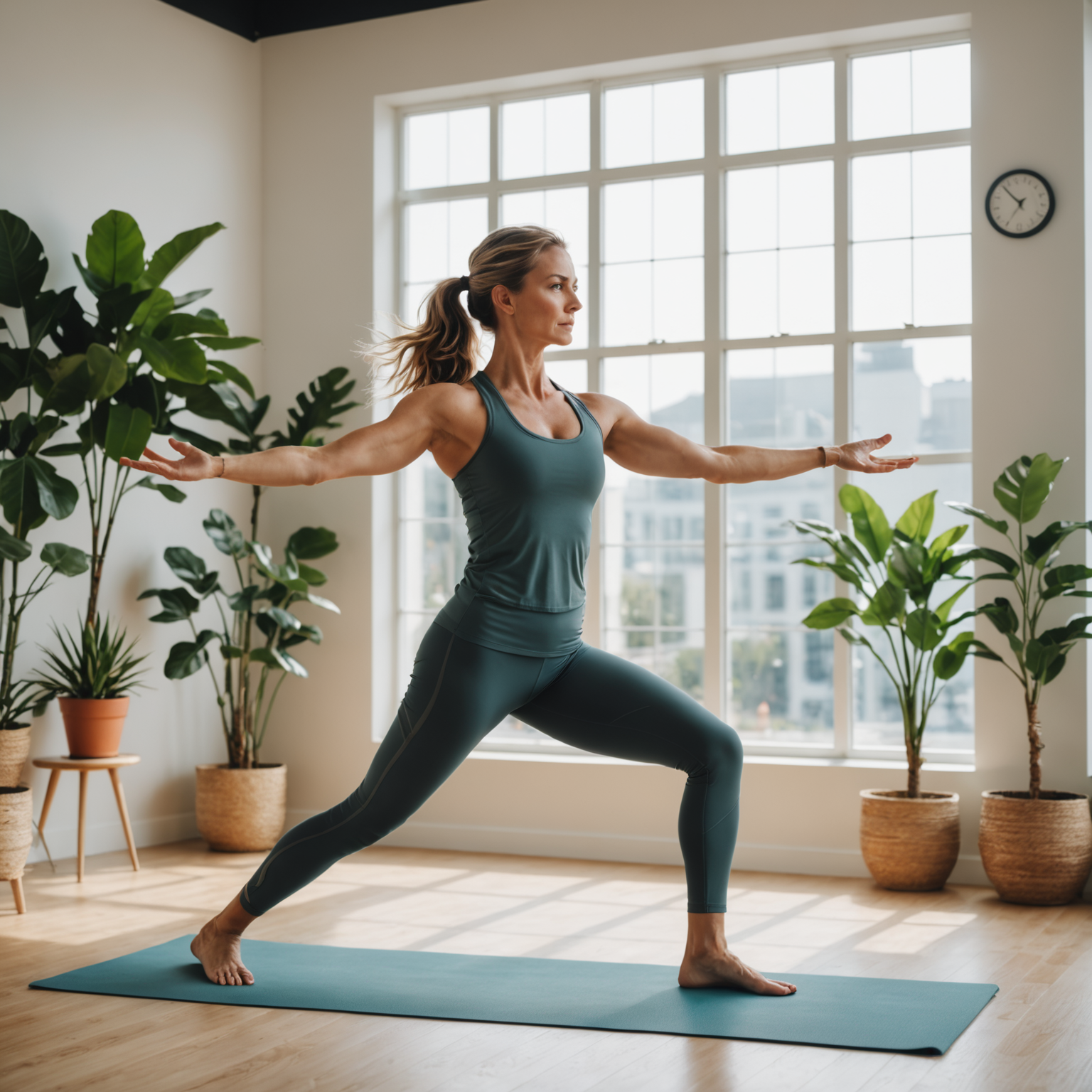 Confident woman in athletic wear performing a yoga warrior pose in a bright, modern fitness studio with natural lighting and plants, embodying strength and wellness