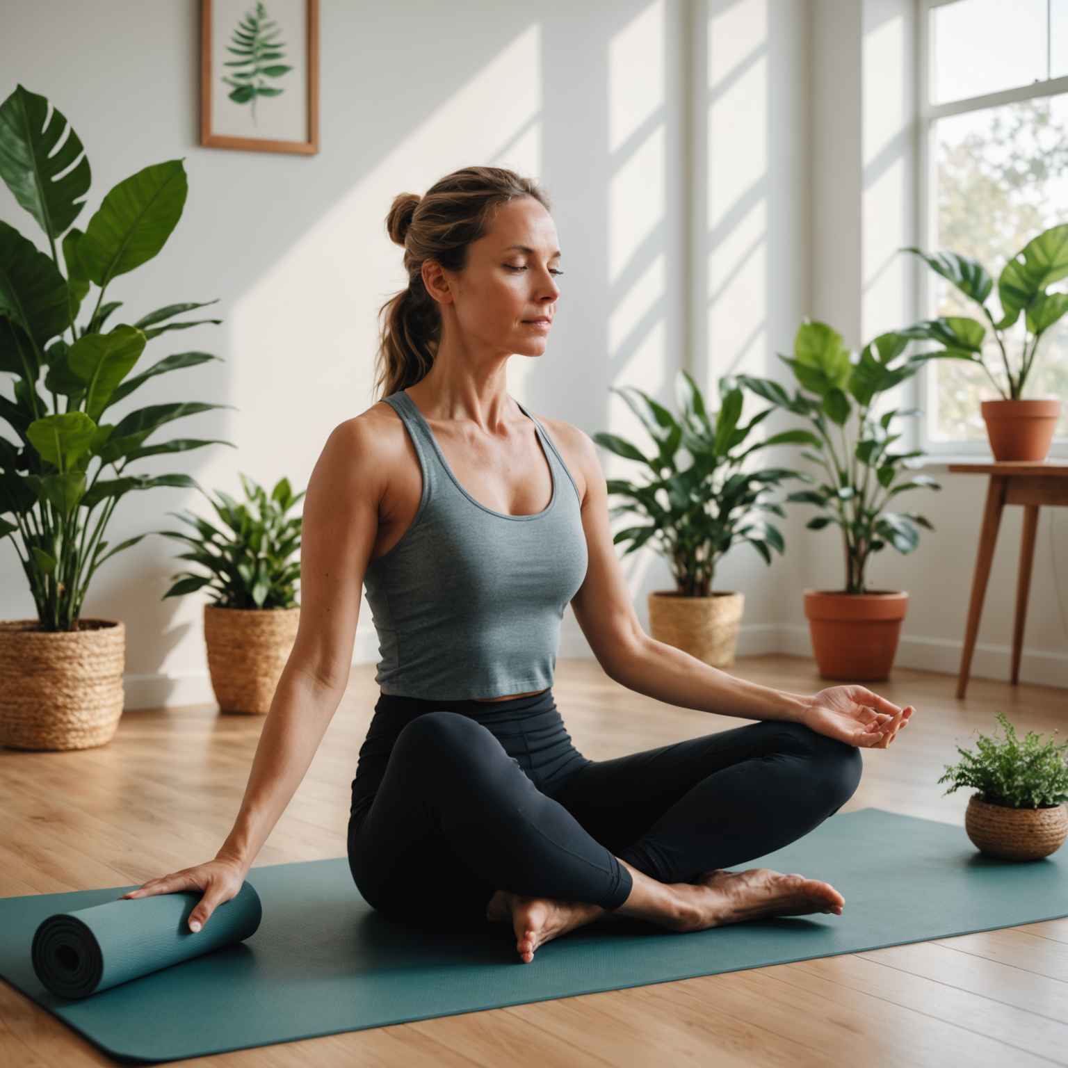 Woman relaxing peacefully on yoga mat in bright natural light home setting with plants and calm atmosphere representing mindful rest and recovery
