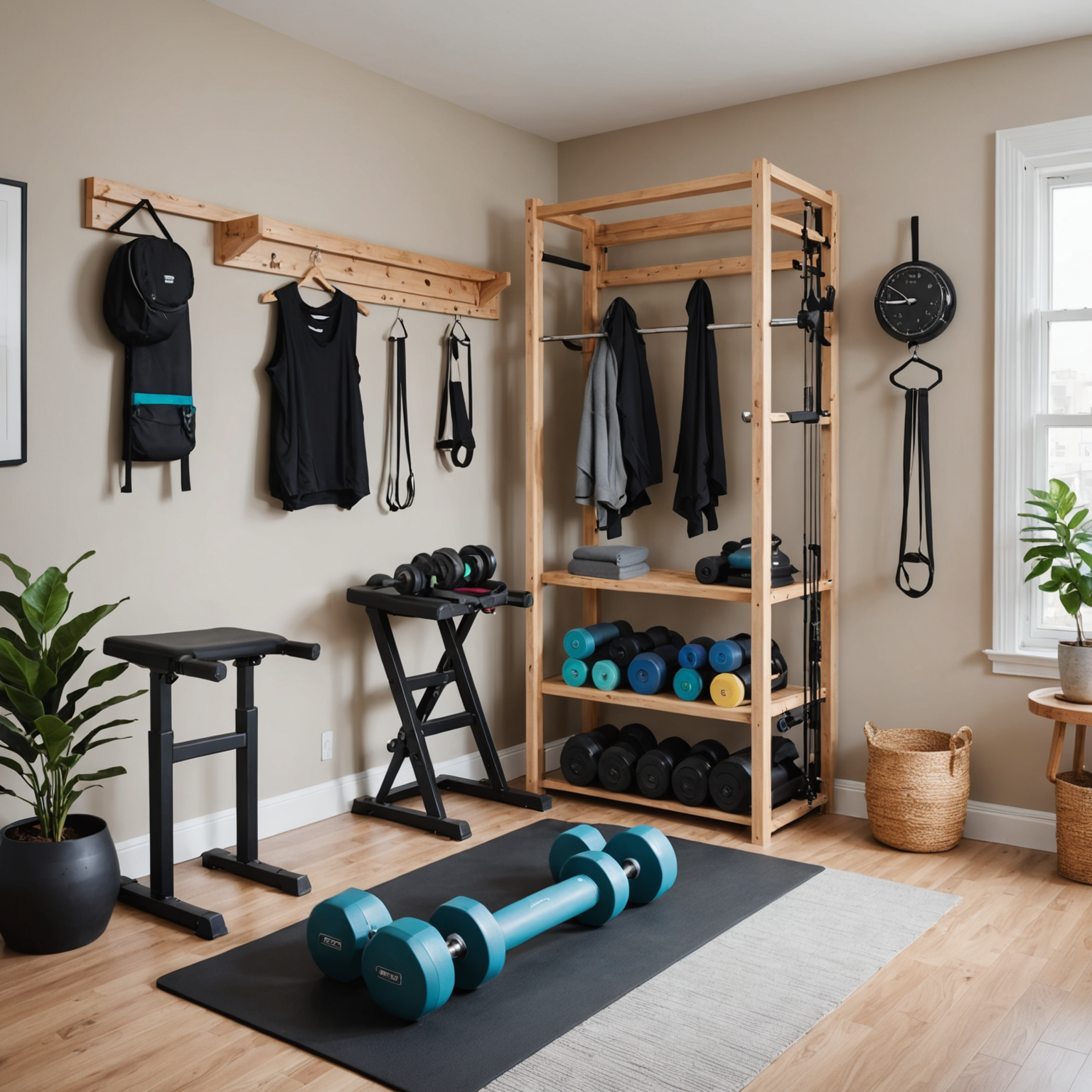 Compact home gym setup in a small apartment bedroom with essential fitness equipment including dumbbells, resistance bands, yoga mat, and storage solutions, organized and space-efficient, inspiring home workout environment for women