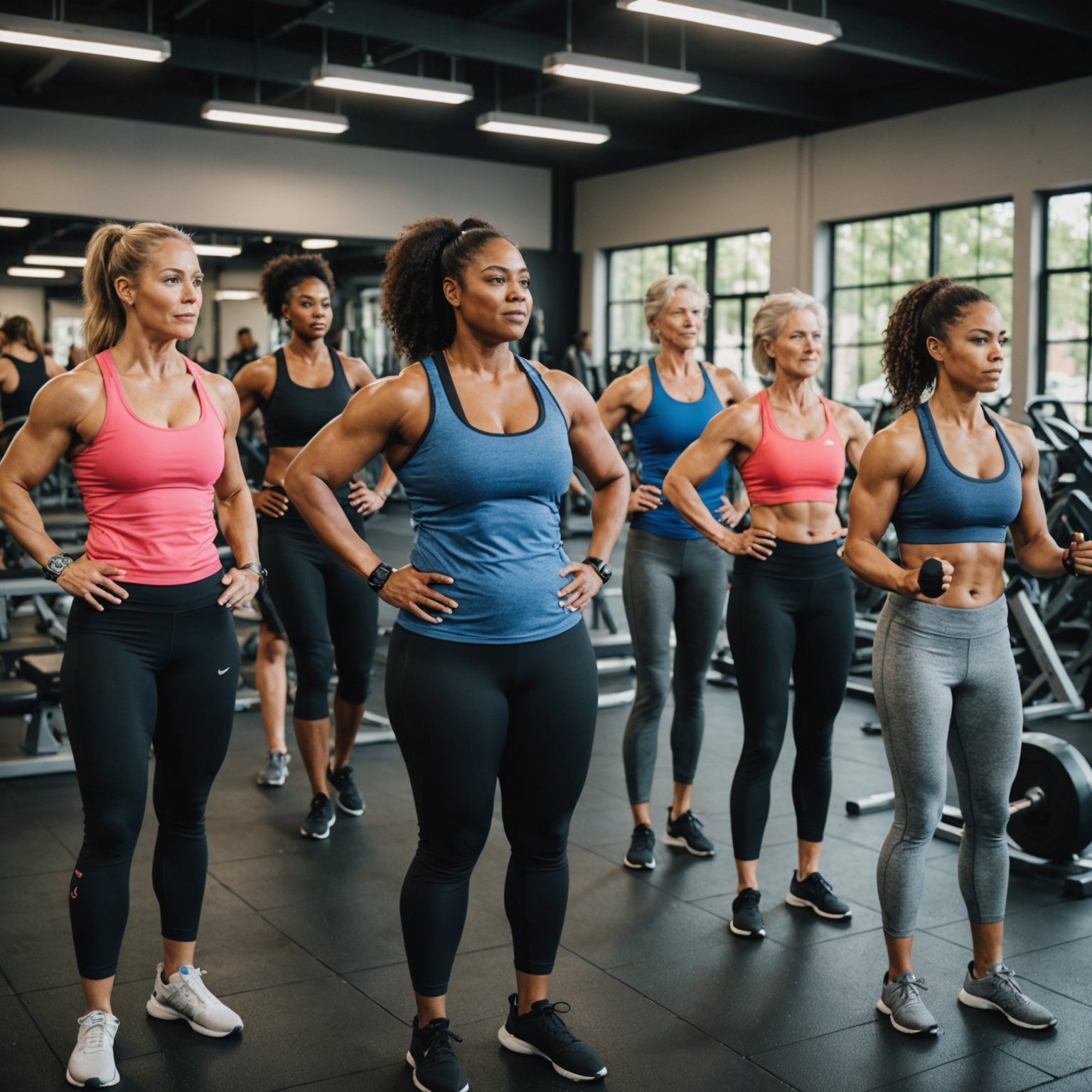 Diverse group of women of different ages, body types, and fitness levels training together in a supportive gym environment, demonstrating that strength training is accessible and beneficial for everyone