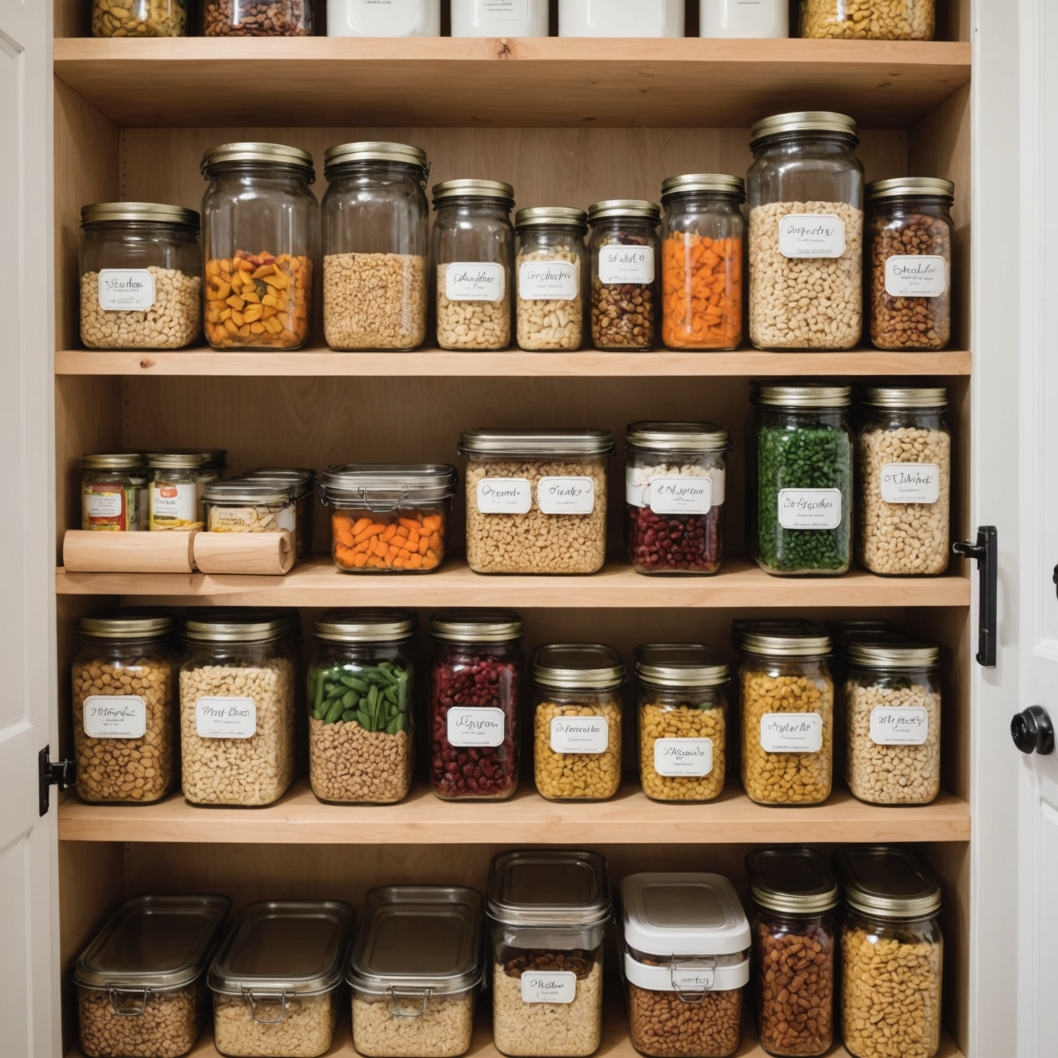 Organized pantry with healthy emergency meal ingredients including canned goods, grains, and quick-prep items