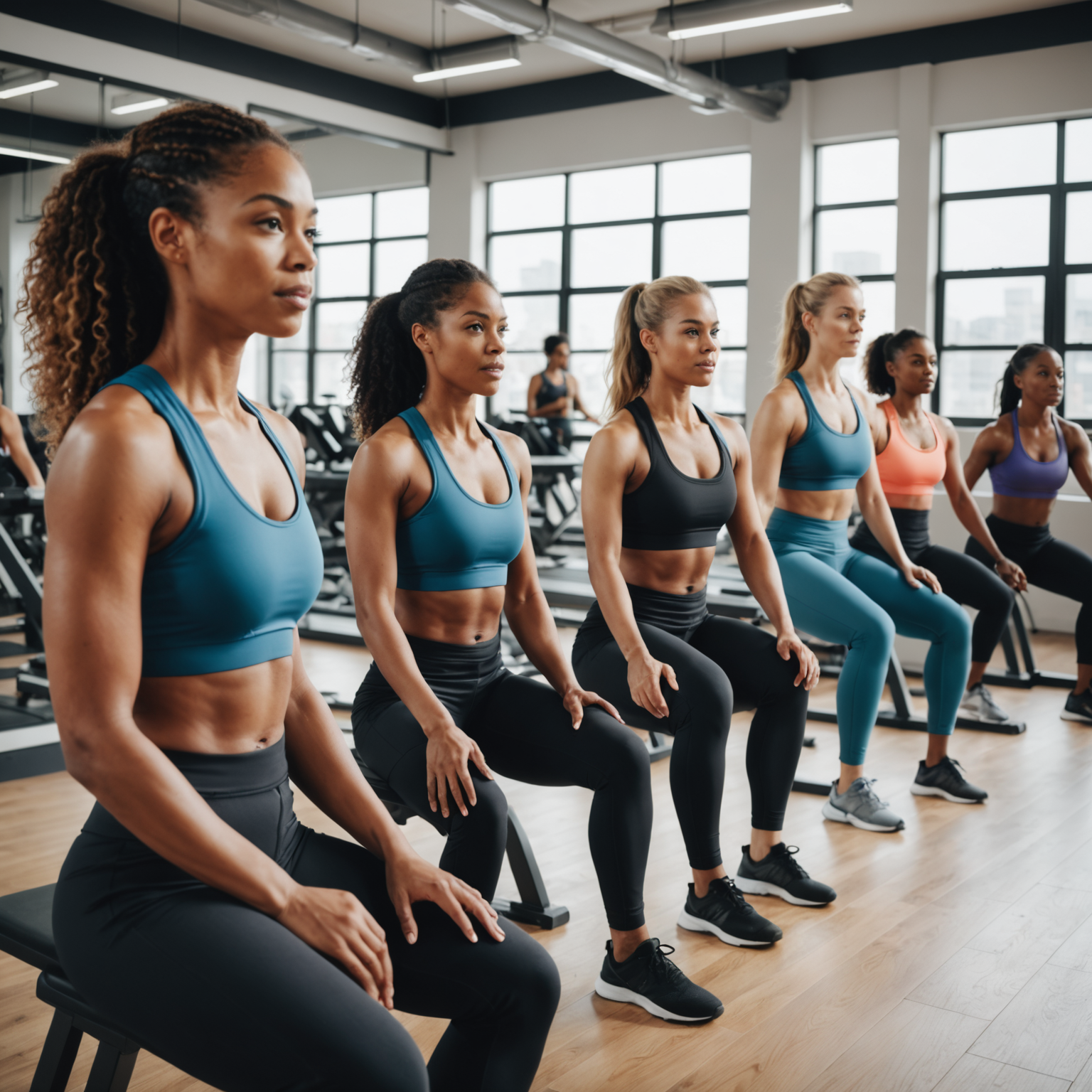 Diverse group of women training together in a bright, modern fitness studio