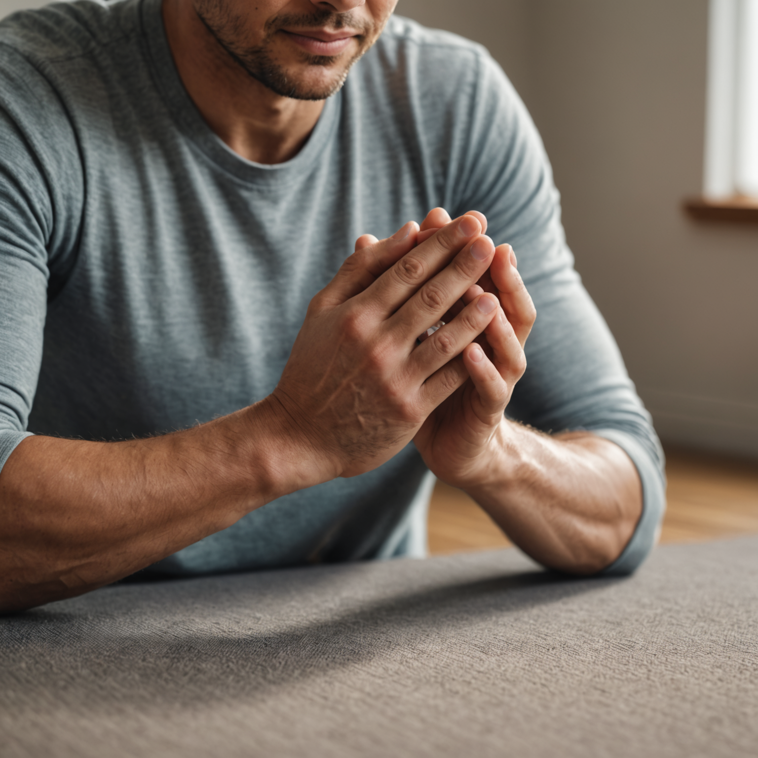 Close-up of hands in prayer position during mindful morning stretching routine