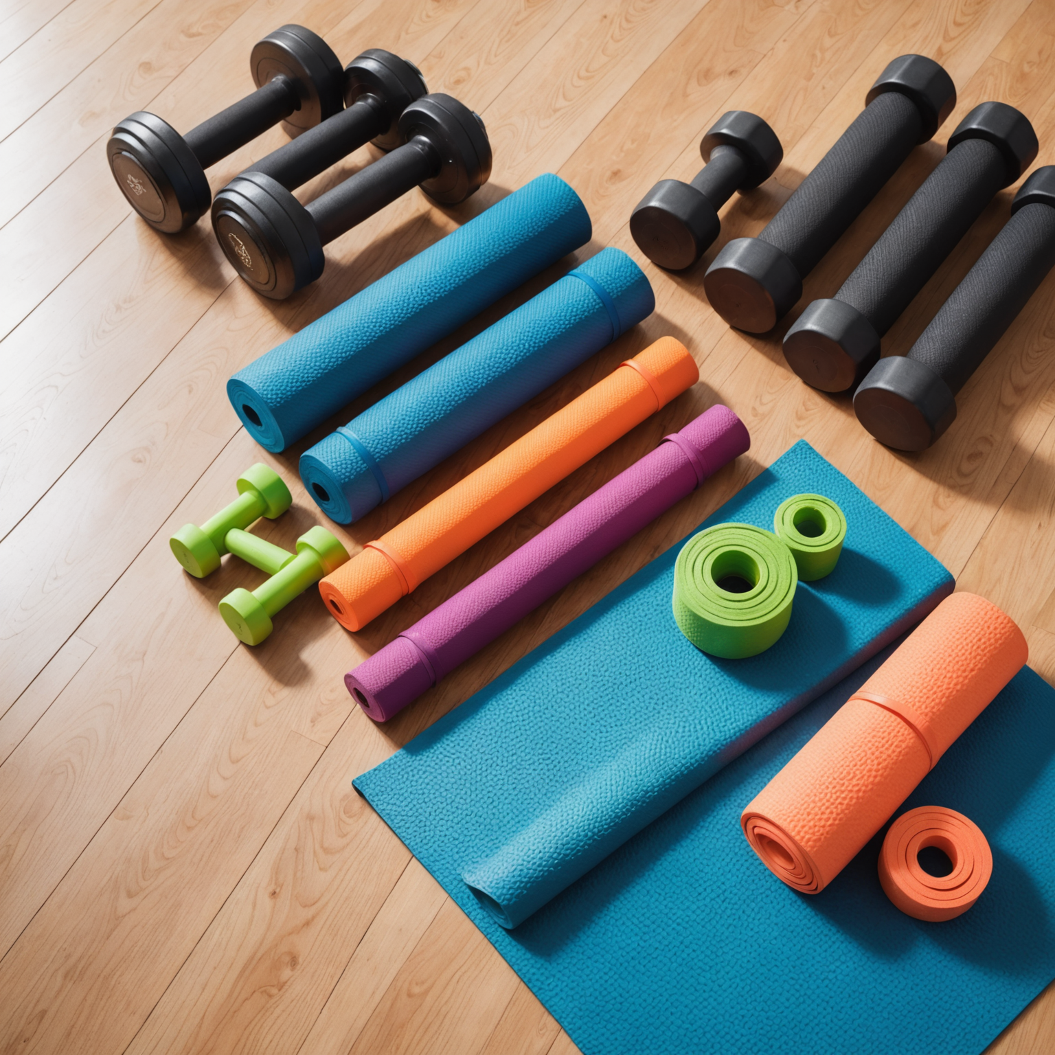 Flat lay arrangement of essential home gym equipment including yoga mat, colorful resistance bands, adjustable dumbbells, jump rope, and foam roller displayed on light wooden floor with natural lighting