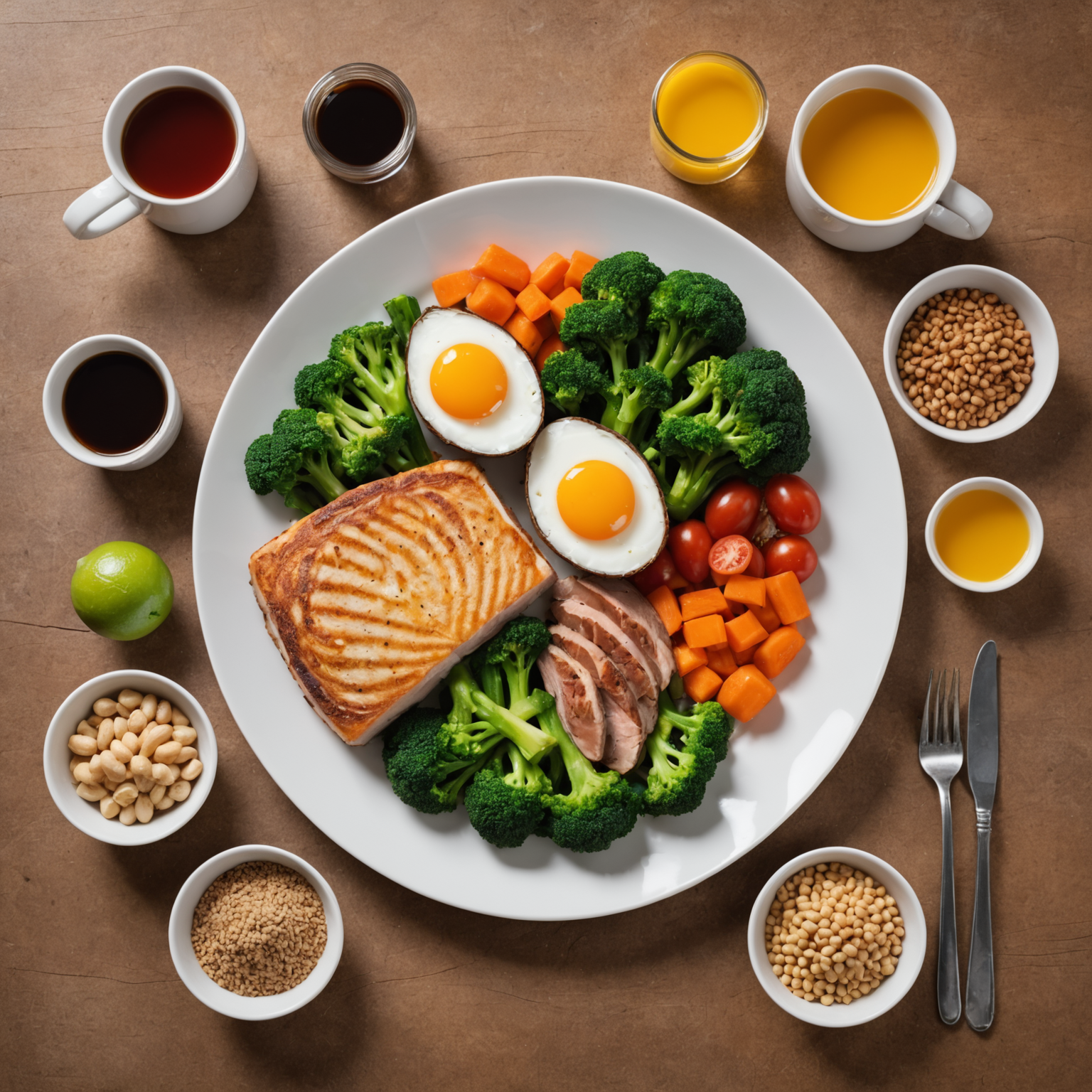 Visual guide showing proper macronutrient portions on a plate with proteins, complex carbohydrates, healthy fats, and vegetables