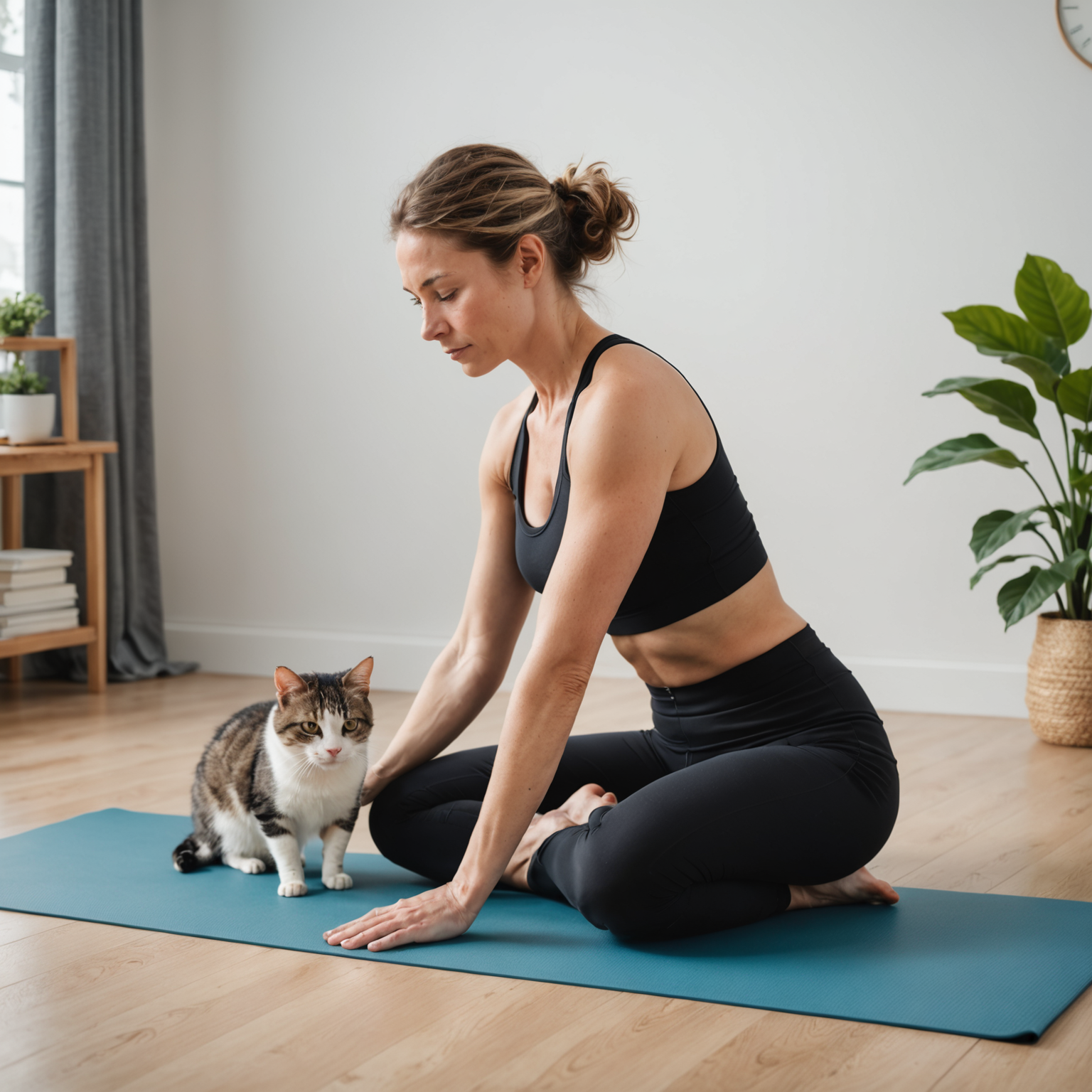 Woman demonstrating cat-cow stretch position on yoga mat with proper spinal alignment