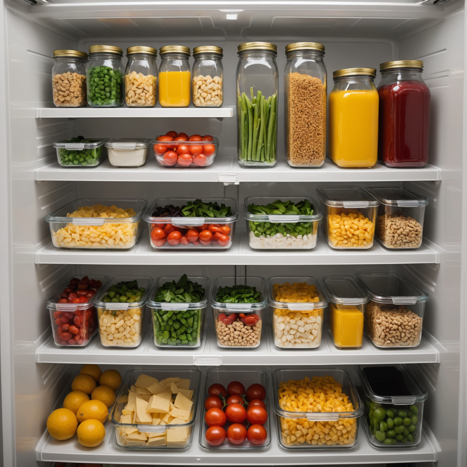Organized refrigerator with labeled glass containers containing portioned meals and ingredients ready for the week