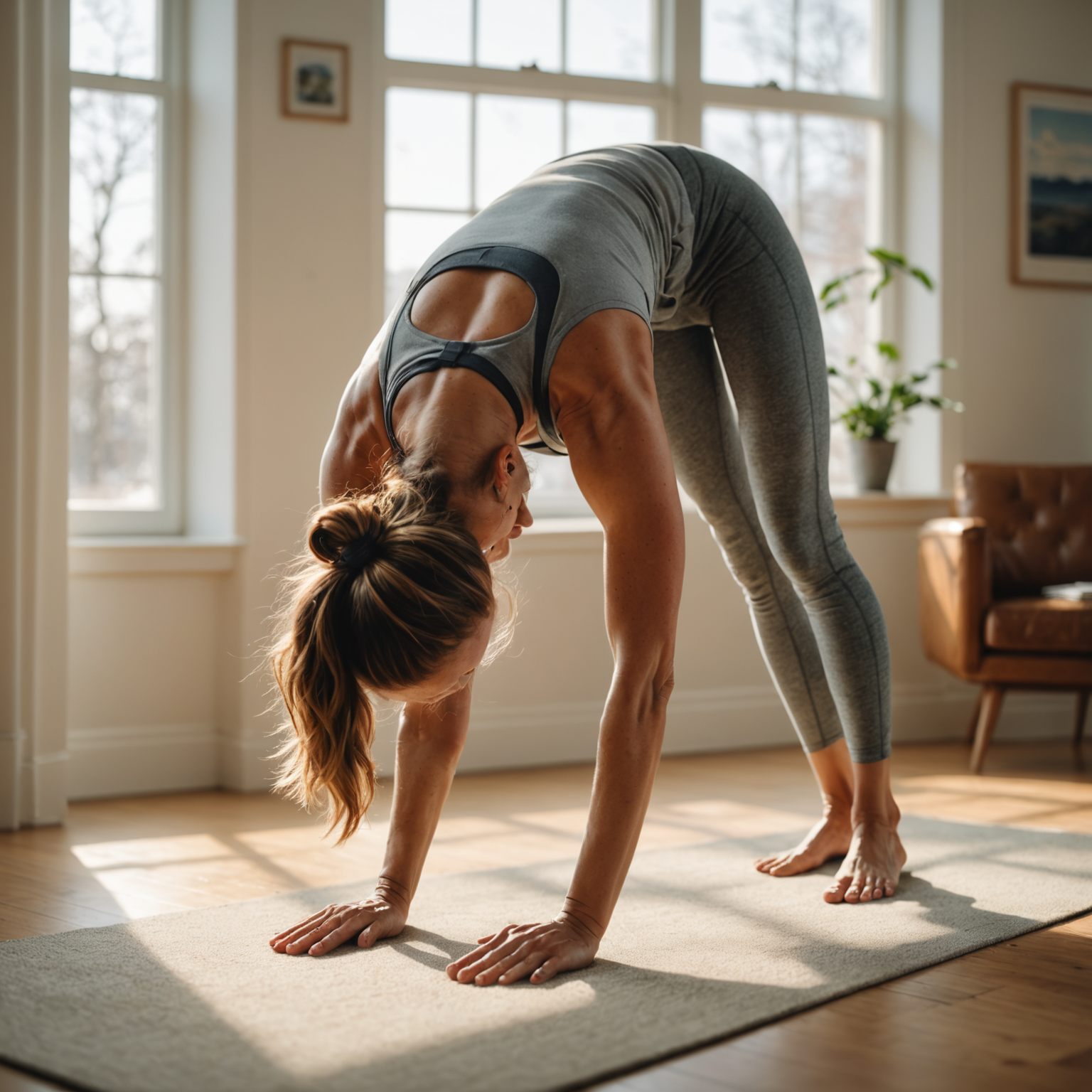 Woman performing downward facing dog stretch with proper form in sunlit room