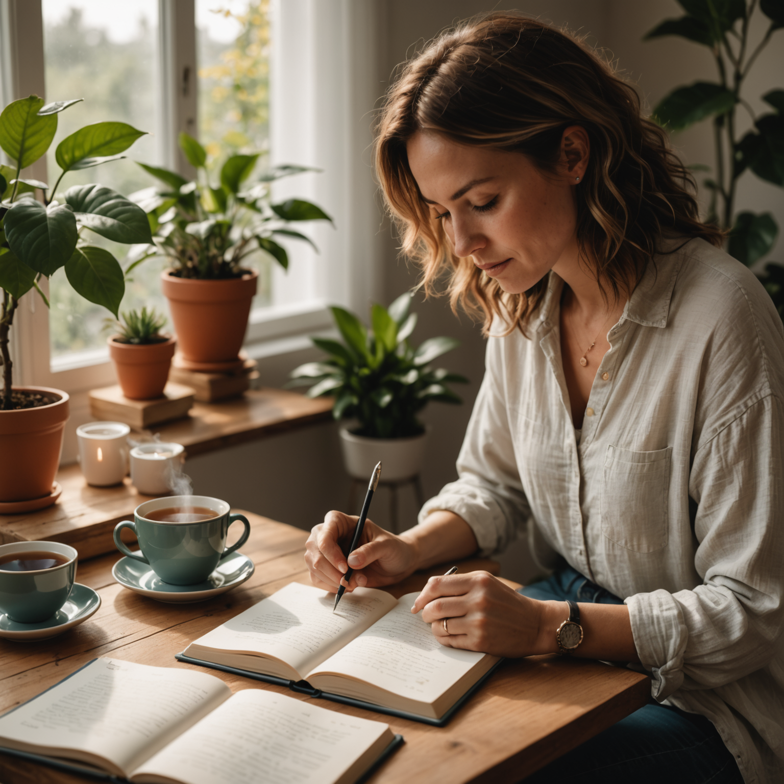 Woman journaling with tea in comfortable home setting with soft lighting and plants representing mindful self-care and mental wellness