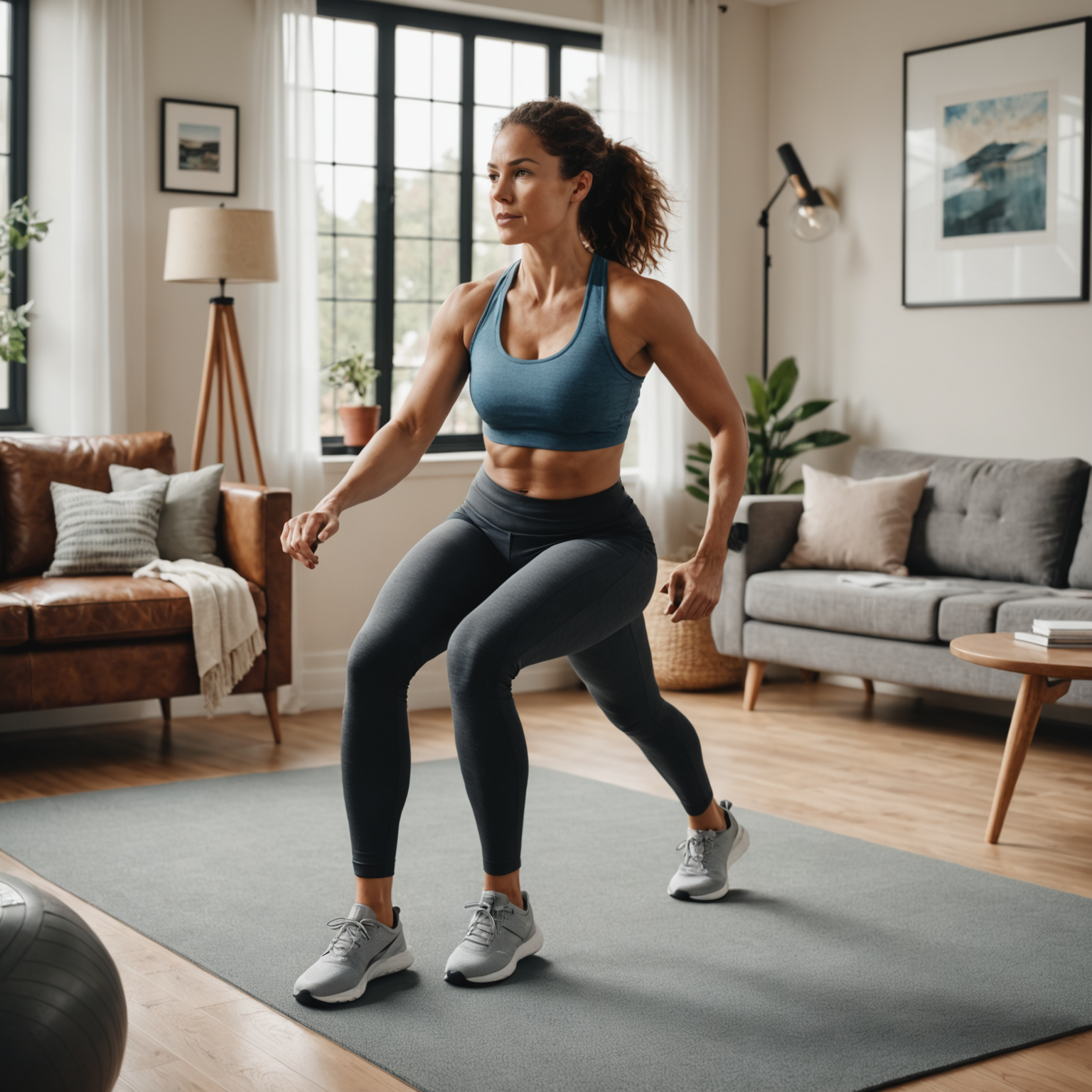 Woman following beginner home workout in comfortable living room setting