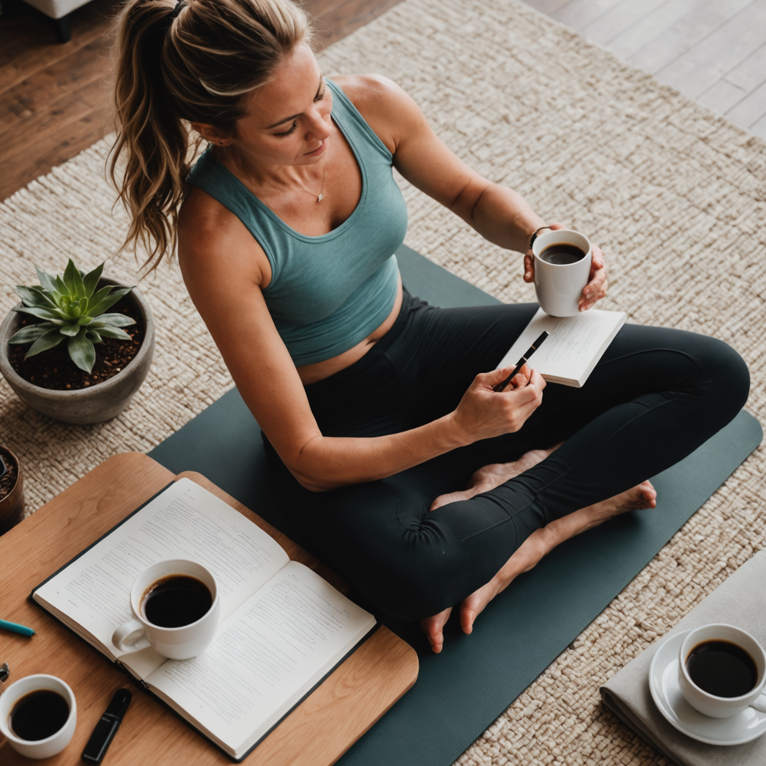 Woman journaling about morning stretch routine with coffee and yoga mat nearby