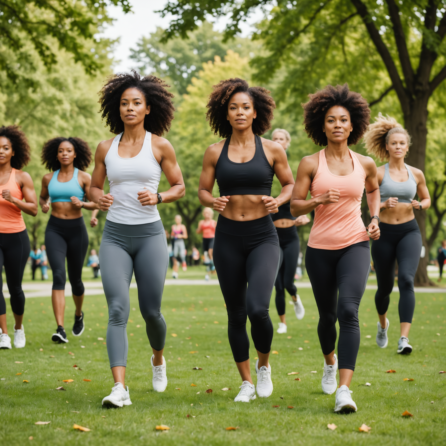 Diverse women participating in outdoor fitness class in park