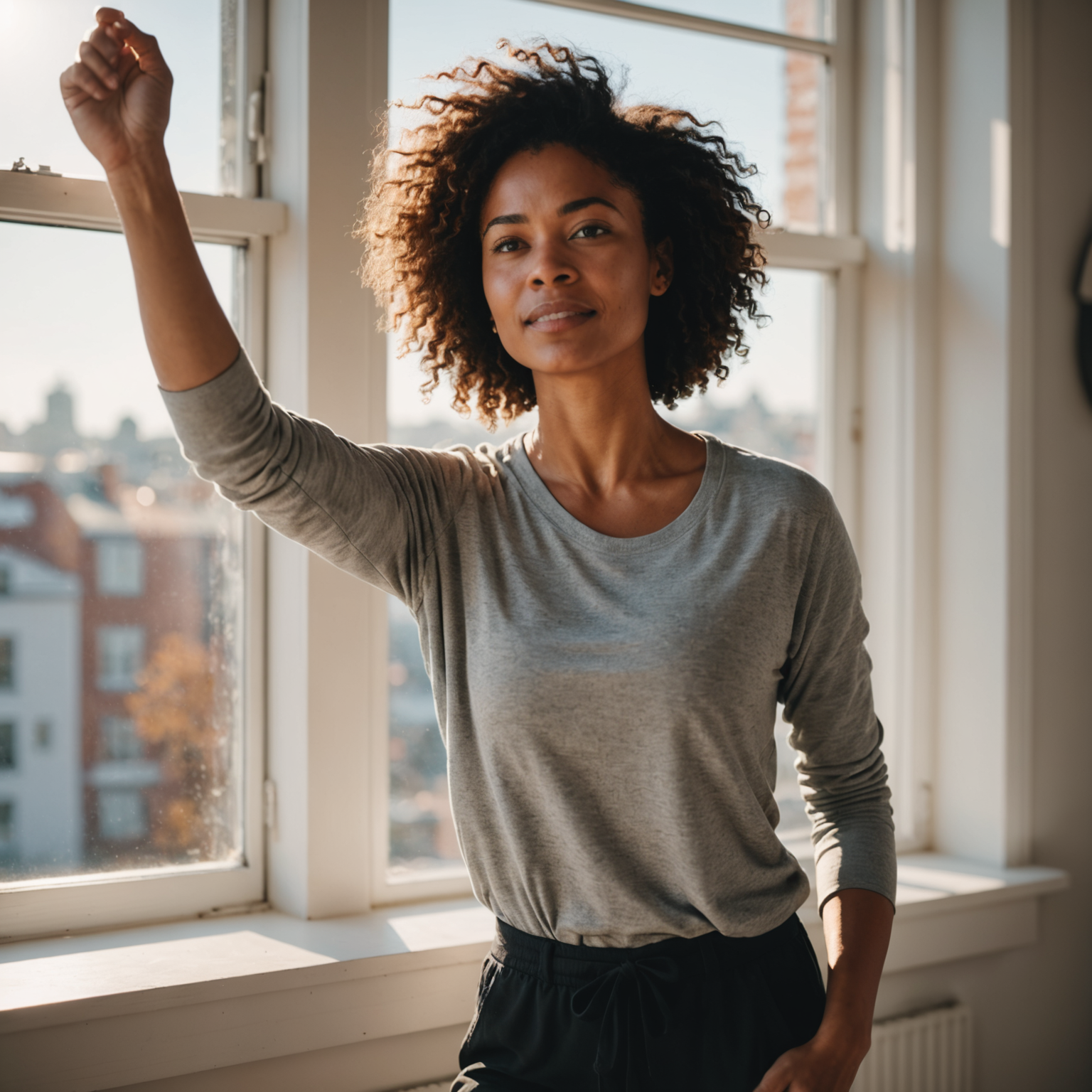 Confident woman standing by window in morning sunlight feeling energized after stretching routine